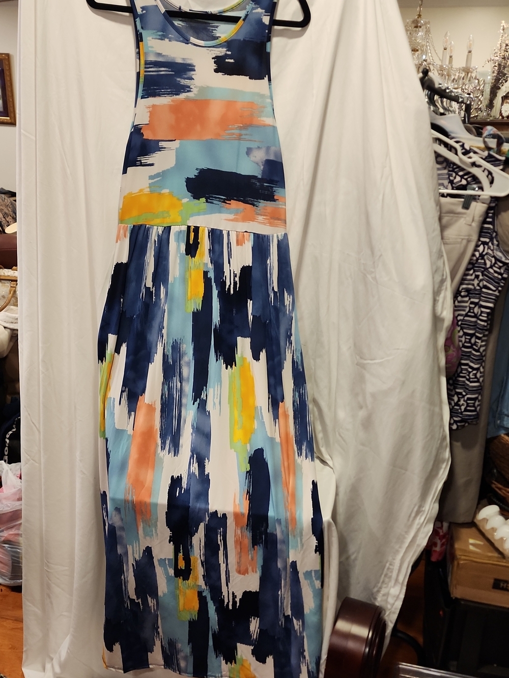 Abstract Brushstroke Maxi Dress in Navy, Coral & Yellow